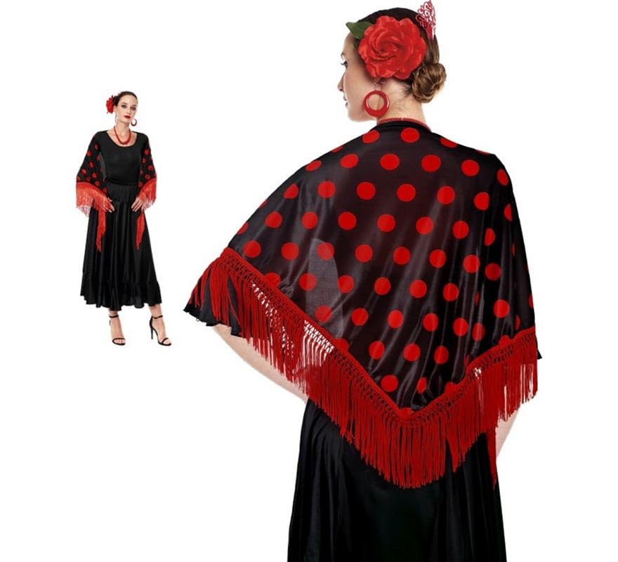 ZZ DISFRAZZES | Mantón de Sevillana o Chulapa Negro con Lunares de Colores 150x60 cm – Accesorio para Disfraces Flamencos y Madrileños (Rojo)