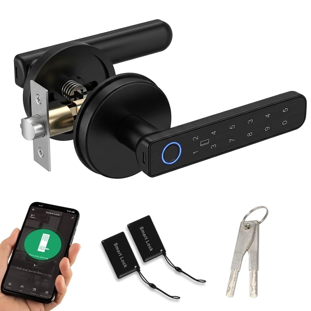 Serrure intelligente à empreintes digitales, 5 modes d'accès : empreinte digitale, code PIN, carte IC, clé mécanique et pilotage par application. Convient aux appartements et bureaux.