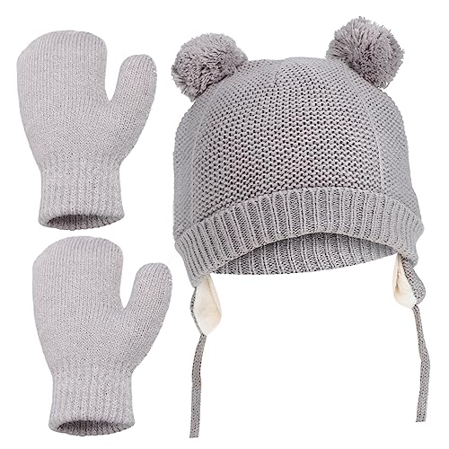 FRCOLOR Winter Hat and Mittens Fleece Lined Cap with Chin Strap for Boys and Cute Pompom Design Winter for