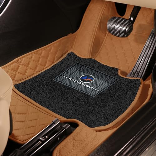 Image of Autofurnish Luxury 7D Car Mat Full Set for Mahindra XUV500 2015-20 || Luxury Leather Dual-Stitch Full Set 7D Car Floor Mat || 100% Waterproof || Color : Tan Tan