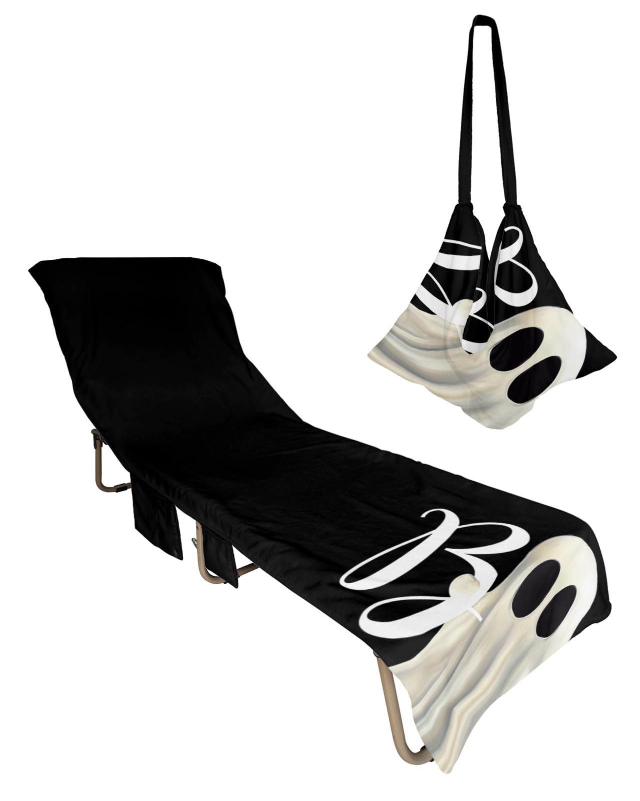 Halloween Beach Lounge Chair Towel Cover, Soft Chaise Lounge Towel with Side Pockets Patio Pool Chairs Cover for Beach/Pool Sunbathing 29x85 White Boo Ghost Classic Black