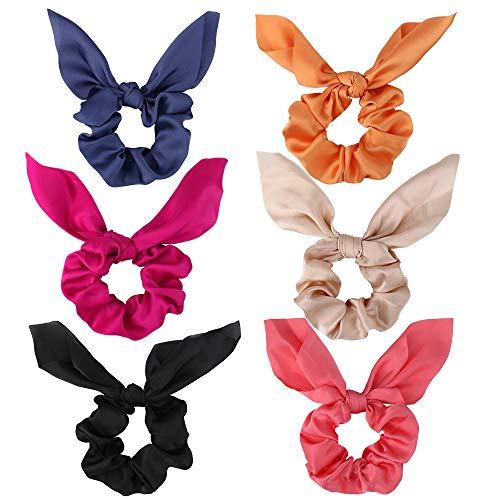 Jaciya 6 Pack Hair Elastic Scrunchies Chiffon Hair Scrunchies Hair Bow Chiffon Ponytail Holder Bobbles Soft Elegant Bow Scrunchies for Women Hair Ties, 6 Colors Scrunchies with Ribbon