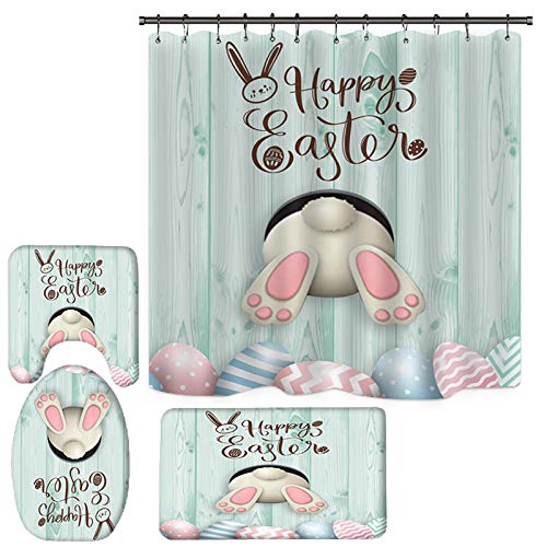 Nmpptm 4 Pcs Easter Shower Curtain Set With Non-Slip Rug, Toilet Lid Cover And Bath Mat,Funny Rabbit Easter And Blue Eggs Shower Curtains With 12 Hooks, Happy Easter Shower Curtain Sets For Bathroom #TOP4
