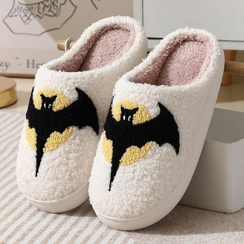 Halloween Slippers for Women Men,Pumpkin Ghost Bat Halloween Slippers Retro Memory Foam Plush Warm Slip-on Indoor Outdoor Casual Comfortable Shoes2