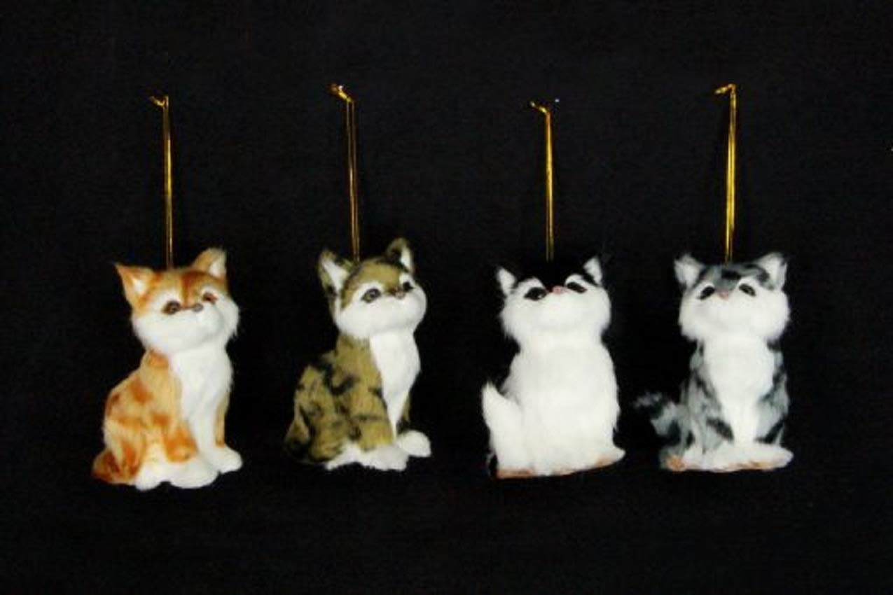 Gisela Graham Set of 4 Fur Fabric Kittens Hanging Christmas Tree Decorations