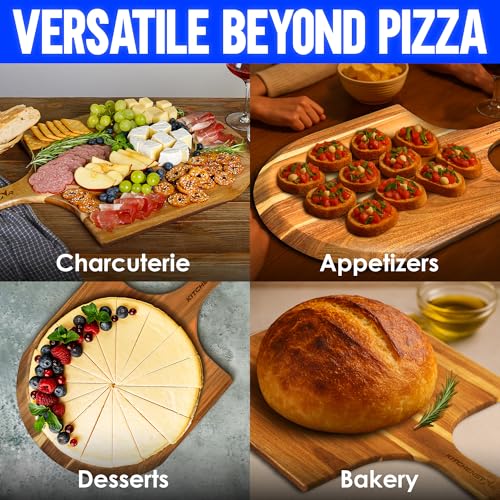 Image of KitchenStar 14-Inch Acacia Wood Pizza Peel - Large Wooden Cutting & Serving Board with Handle - Natural Oil Finish - Ideal Pizza Oven Accessory for Easy Sliding & Prep