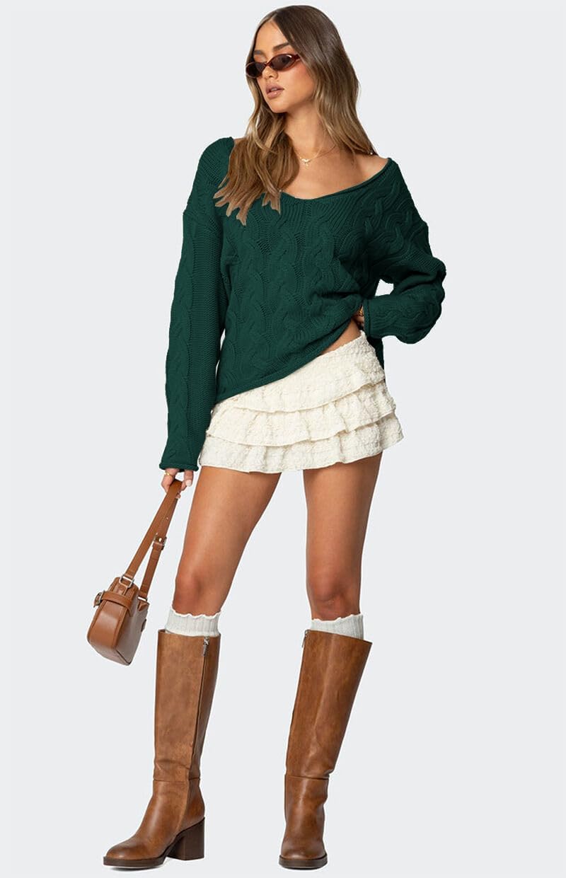 ZAFUL Womens V Neck Off The Shoulder Sweater Long Sleeve 2025 Oversized Cable Knit Casual Pullover Tops - Image 5