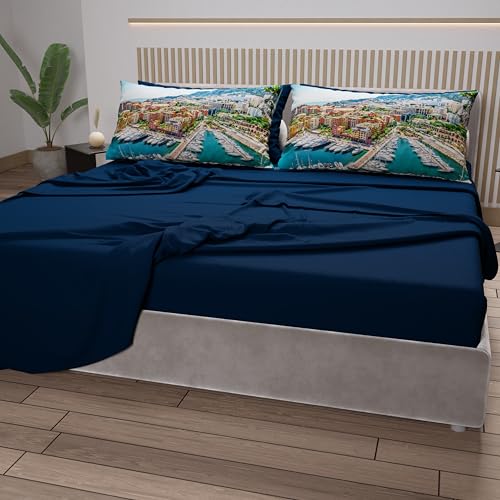 PETTI Artigiani Italiani - Lenzuola in Cotone con Federe in Stampa Digitale, Lenzuolo Una Piazza e Mezza, Completo Letto Fantasia Monaco Blu Notte, 100% Made in Italy - Immagine 3