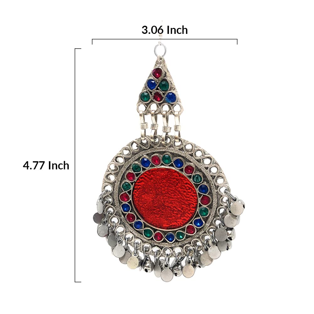 Duel On Jewel Afghan Tribal Statement Earring Collection for Women, Handmade Vintage Dangle Designs with Multicolor Stones, Tiny Beads, and Oxidized Silver Finish, Shoulder Length, Boho Chic Jewelry