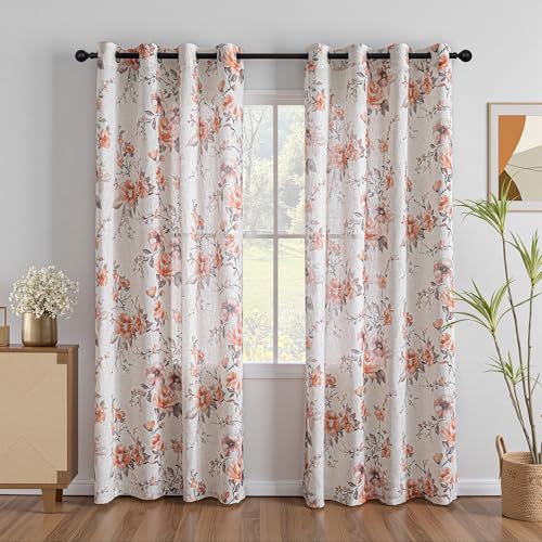 MEETSKY Floral Curtains 72 Inch Length 2 Panels for Living Room, Semi Sheer Light Filtering Modern Linen Drapes with Rose Leaf Pattern for Dining Room, Each 52 Inch Wide