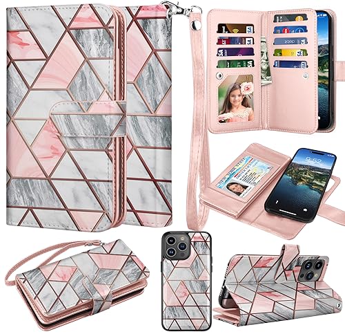 Takfox Wallet Case for iPhone 15 Plus, for iPhone 15 Plus Case, PU Leather Credit Card Holder Phone Case [9 Card Slots] Folio Flip Detachable Magnetic Cover Kickstand & Carrying Wrist Strap, Marble
