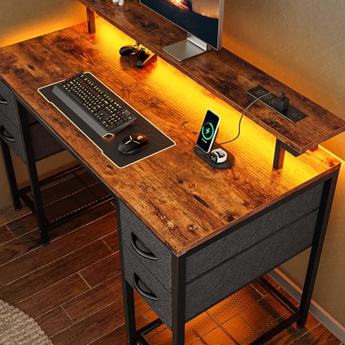 Image of Huuger 47 inch Computer Desk with 4 Drawers, Gaming Desk with LED Lights & Power Outlets, Home Office Desk with Large Storage Space for Bedroom, Work from Home, Rustic Brown and Black