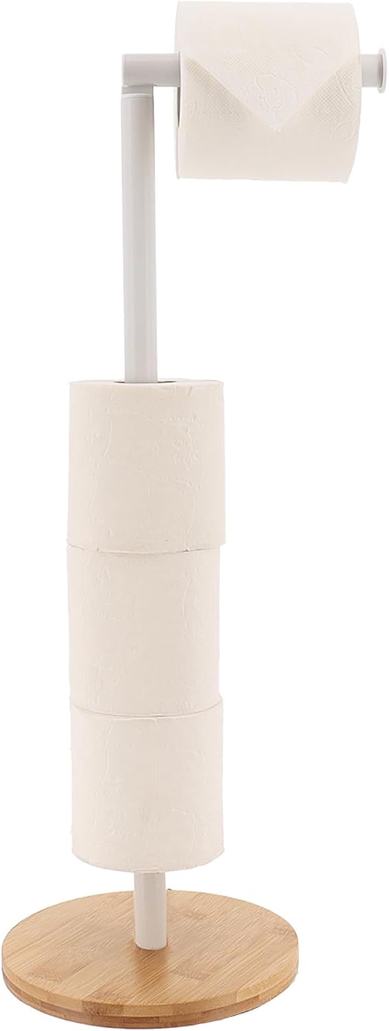 White Freestanding Toilet Paper Holder Stand with Bamboo Base