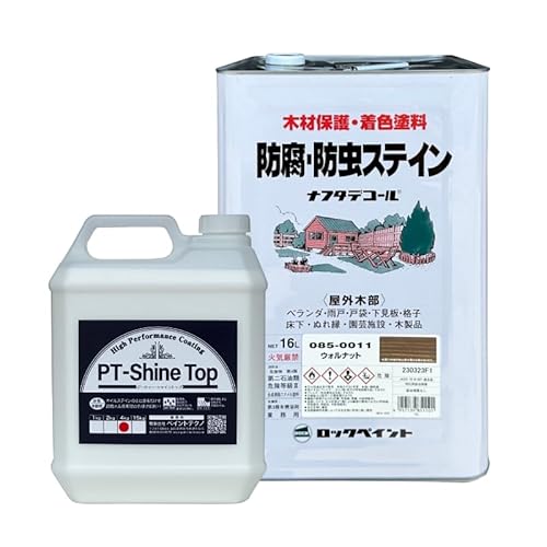 ナフタデコールを超撥水&長期色褪せ抑制できるPT-Shine Topとの最強セット! 16L+4kg マホガニー 防腐・防虫 ステイン 木部 塗装 木材 保護 ロックペイント