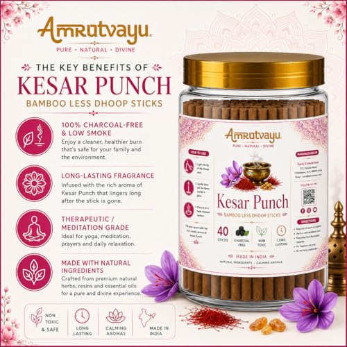 Image of Kesar Punch Dhoop Sticks 4 inch 6mm Bamboo Less Incense Incense for Pooja 40 Sticks | No Charcoal Sticks with Holder Stand | Fragrance for Home, Mediation Relaxation
