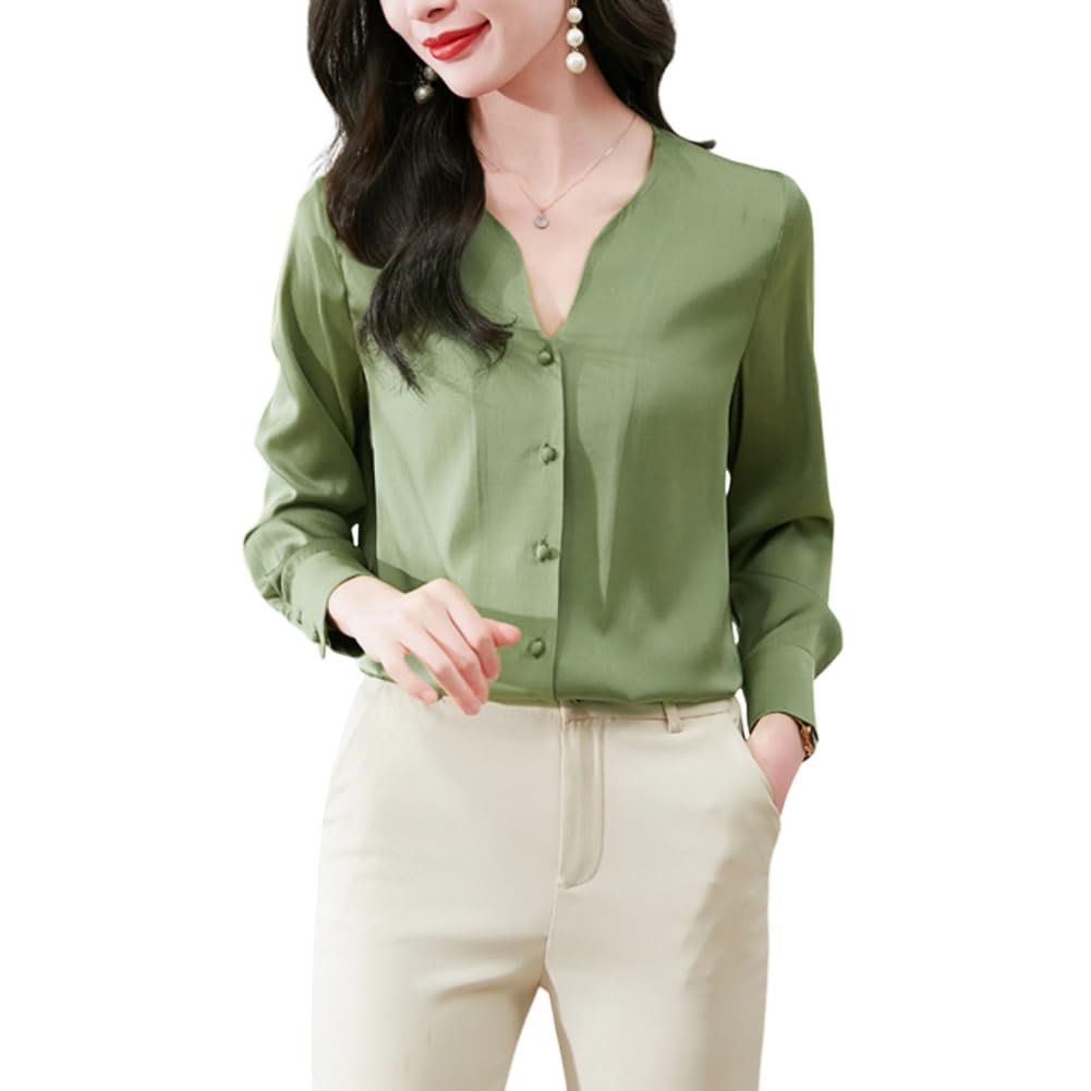 DISSA Chemise Soie Col V Boutonnée Manches Longues Top