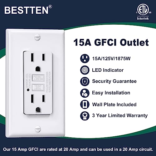 [10 Pack] Bestten 15 Amp Gfci Receptacle Outlet, Gfi Outlet With Led Indicator, Ground Fault Circuit Interrupter, Non-Tamper-Resistant, Wallplate Included, Etl Certified, White #TOP1