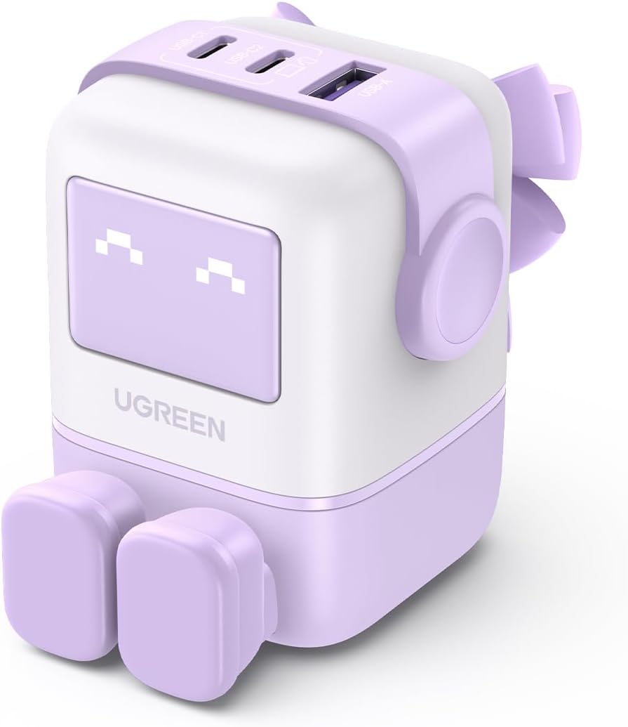 UNO 65W USB C Charger 3-Port Nexode GaN Fast Charge Wall Plug Funny LED Display Compact Type-C Power Adapter Compatible for MacBook/HP/Dell/Lenovo, iPhone 17 Pro Max, Galaxy S25 Ultra- Purple