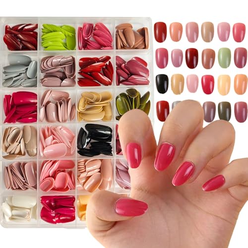 Image of 576Pcs Oval Press on Nails 24 Solid Color Stick on Nails Glossy False Nails Full Cover Glue on Nail Set for Women Nail Tip DIY