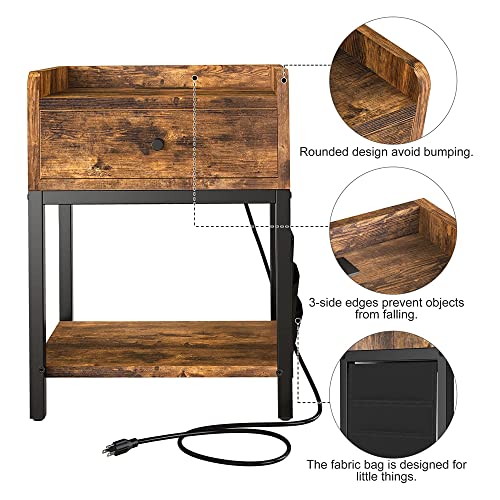 Fabato End Table With Charging Station Nightstands With Drawer And Fabric Bag Storage & Usb Ports Narrow Sofa Side Table For Small Spaces With Metal Frame Living Room Bedroom, Rustic Brown #TOP3
