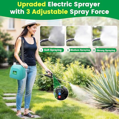 Image of Battery Powered Sprayer 1.35 Gallon, 2026 Electric Garden Sprayer with 3 Adjustable Speeds, 4 Mist Nozzles, Rechargeable Handle, Retractable Wand with Adjustable Shoulder Strap for Weed Lawn(Green)