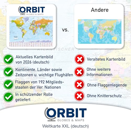 ORBIT Globes & Maps - Weltkarte XXL - Top-Aktuell 2026, deutsch, 136 x 96 cm, Maßstab 1:30 Mio mit seidenmattem Schutzlack inkl. Flaggenleiste