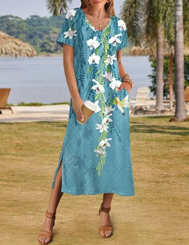 Image of Zeagoo Women Summer Floral Dress Short Sleeve Beach Dress with Pockets Casual V-Neck Split Long T-Shirt Dress Travel Vacation