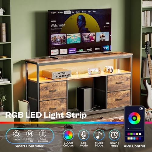 image for Huuger TV Stand Dresser with Power Outlets and LED Lights, 4 Drawers E