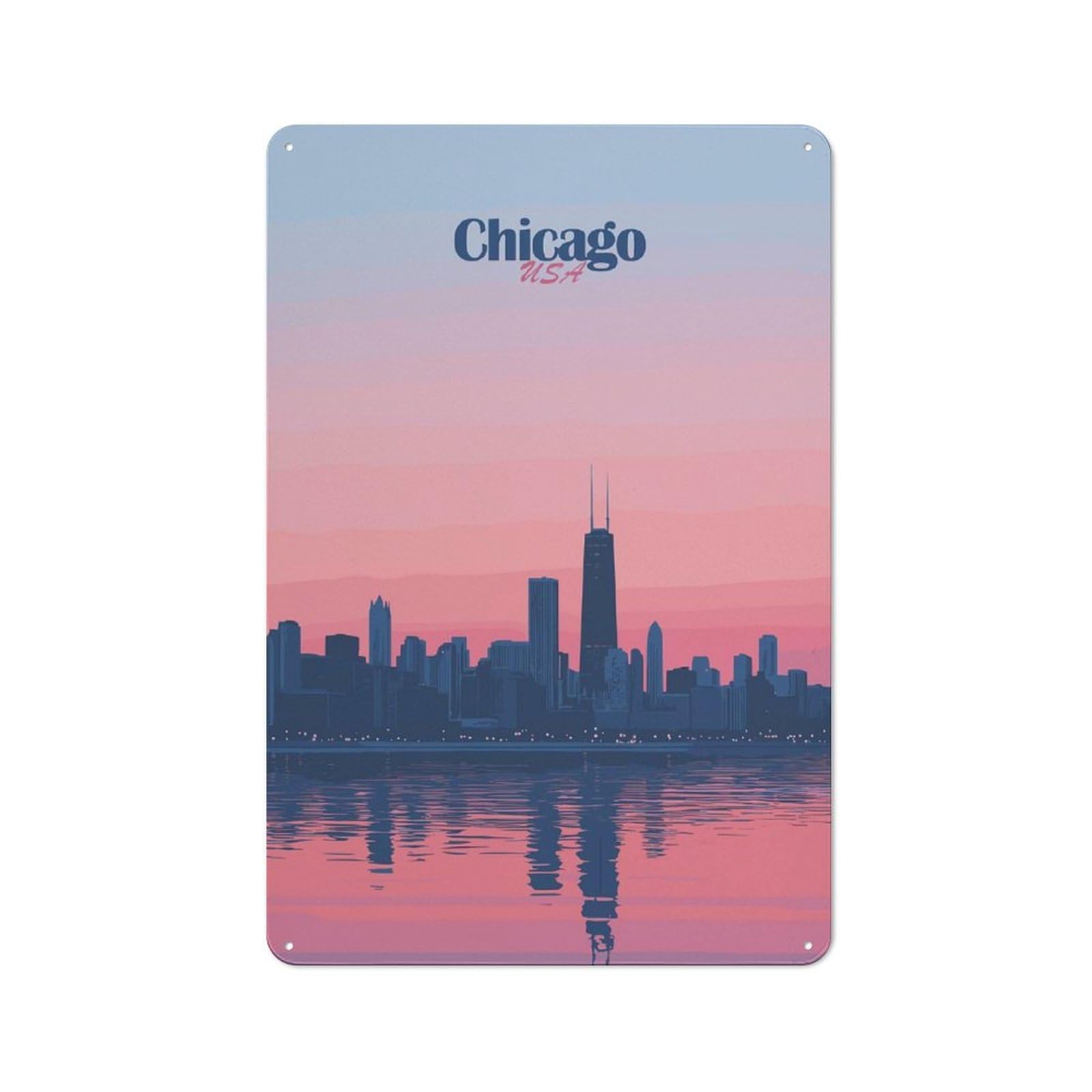 'Chicago Skyline Sunset Workshop Style Metal Wall Decor 30x20cm, Decorative Metal Plaque for Garage, Workshop, Shed Or Utility Room