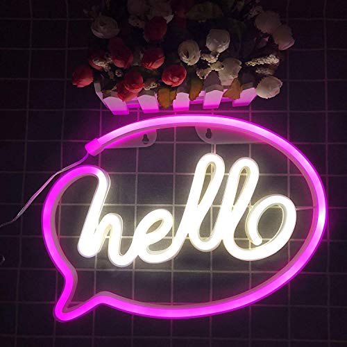 Hello Neon Signs, Sundecor USB Charging/Battery LED Neon Decorative Lights Neon Sign Decor Light Art Wall Decor Neon Light for Kids Room,Bar, Christmas, Birthday, Wedding Party Supplies (White & Pink)