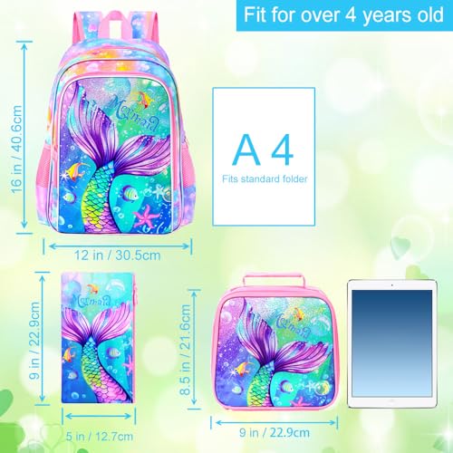 Image of 16 inch Mermaid Backpack for Girls, 3Pcs Kids Fish Tail Backpacks with Lunch Box, School Bookbag for Elementary Preschool Kindergarten(Pink)