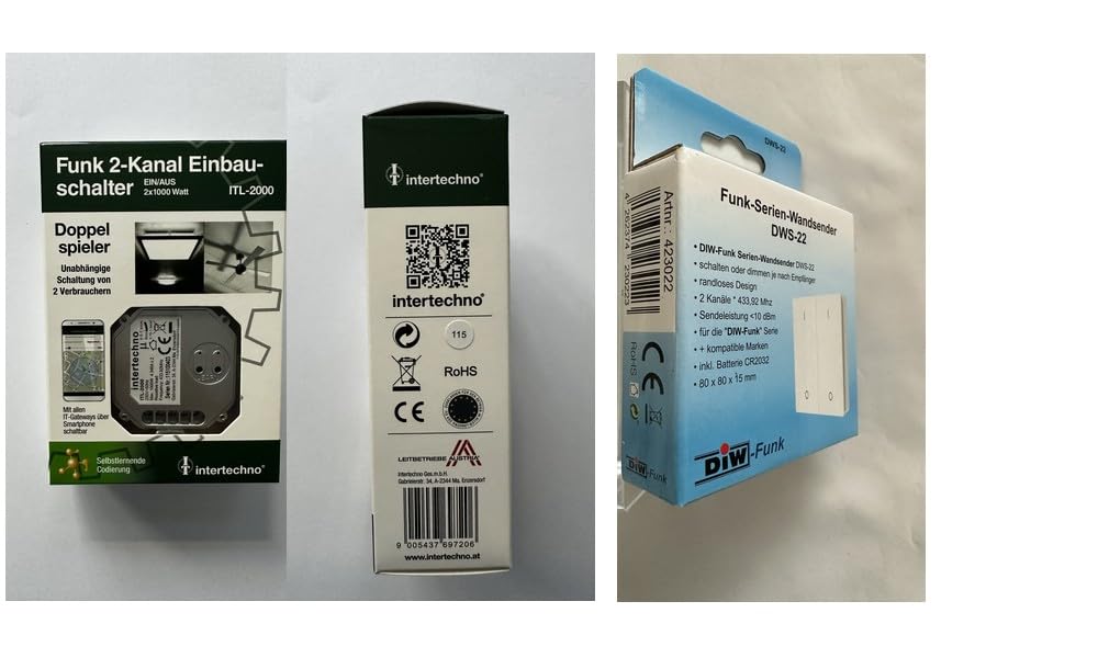 PI-130: Intertechno 2-fach Funkschalter ITL-2000 mit Doppel-Wandsender DWS-22 für die fernbediente Schaltung von Lichtanlagen aller Art, sowie Elektrogeräte bis 1000 Watt/Kanal