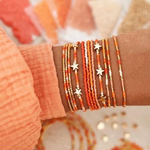 Gold Fall Orange Beaded Bracelets Stack for Women, 12PCS Boho Handmade Stackable Stretch Stars Seed Beads Accessories Jewelry Costumes Trendy Friendship Birthday Gift3