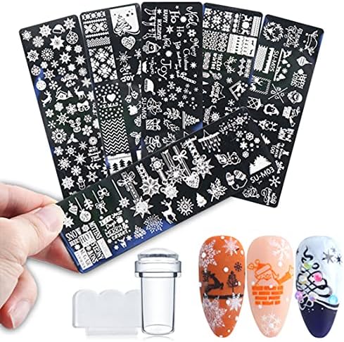 KITBE, Winter Snowflakes Nail Stamper Template Kit 6 PCS Plates Set with 1 Silicone Stamper 1 Plastic Scraper Christmas Snow Deer Bells Pine Tree Nail Stamping Stencils for Nail Art Nail Tools
