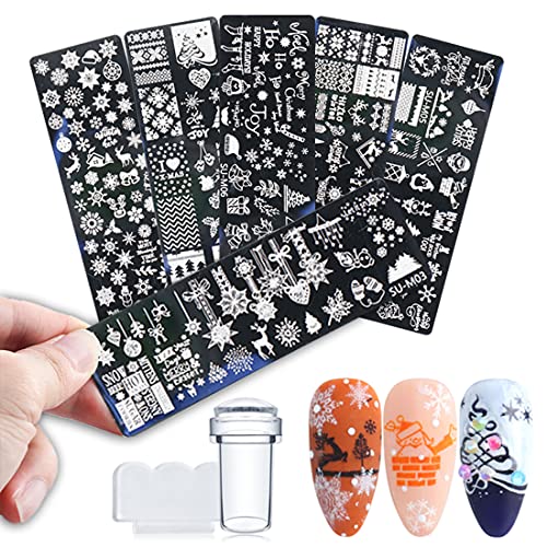 KITBE, Winter Snowflakes Nail Stamper Template Kit 6 PCS Plates Set with 1 Silicone Stamper 1 Plastic Scraper Christmas Snow Deer Bells Pine Tree Nail Stamping Stencils for Nail Art Nail Tools