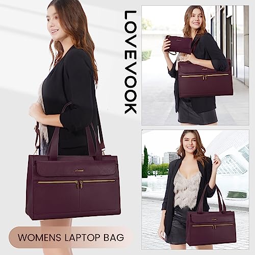 Image of LOVEVOOK Laptop Tote for Women - 15.6 Inch Professional Leather Computer Briefcase, Waterproof Shoulder Bag, Large Capacity Business Teacher Office Bag, Crossbody Purse - Fuchsia