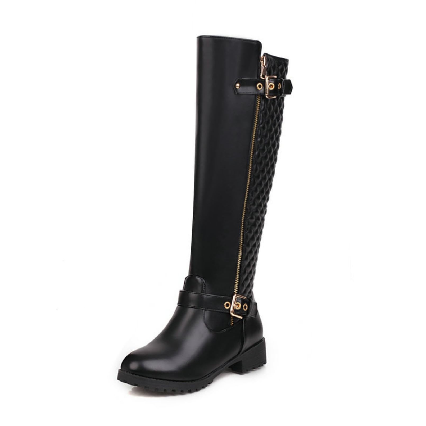 Womens Round Toe Mid Heel Boots Winter Chunky Block Heel Knee-High Boots PU Leather Low Heel Riding Casual