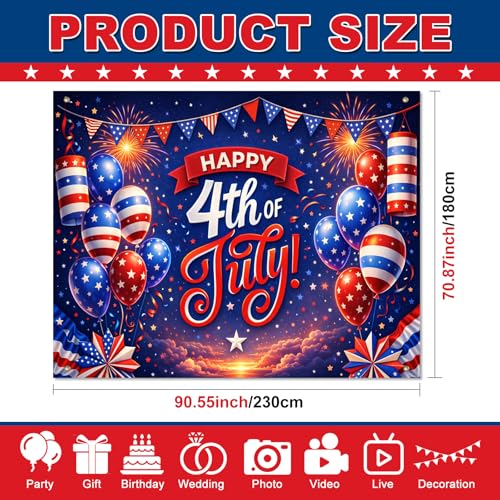 Image of BlissYard 4th of July Backdrop Independence Day Patriotic Party Decorations Photo Booth Backdrop 8x6ft Happy Fourth of July Banner Red White Blue Party Supplies Patriotic Holiday Party Decoration