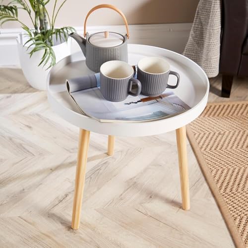 Image of Small Round Coffee Table, Modern Side Table with 3 Stable Legs, Multifunctional Sofa Side Table for Balcony Office (White)