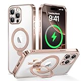 Desert Titanium for iPhone 15 Pro Max Case With 360° Spin Magnetic Stand,[Compatible With Magsafe] [Military Protection][Built-in Ring Holder]Shockproof Phone Case for 15 Pro Max,Rose Gold/Clear
