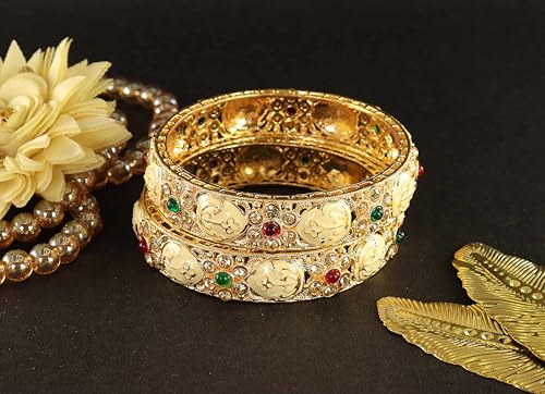 Image of NMII Traditional Gold Plated Metal Bangles Kada Set For Women & Girls With Zircon Diamond Stone | Women's Bangles | Premium Kada Set For Wedding, Party, Occasions Fashion Jewelry - Set Of 2