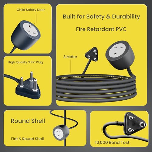 Image of LAPCARE Coord 10-Meter Extension Cord (LSP-224), 2500W High Power, Fire-Resistant with Child Safety Shutter, Heavy Duty 3-Pin Plug, Short Circuit Protection - Long Cable for Home, Office & Workshops