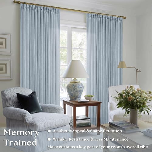 Image of Dusty Blue Pleated Linen Curtains 96 Inches Long for Living Room 2 Panel Set Semi Sheer Light Filtering Pinch Pleat with Rings Hooks Drapes Boho Farmhouse Light Blue Grey Curtain Bedroom Window