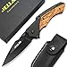 Klappmesser mit Spitzer und Gürteltasche, JELLAS Taschenmesser mit Schwarz Beschichteter 9Cr18-Klinge, Outdoor Messer für Camping, Jagd, Angeln mit Holzgriff, KN02