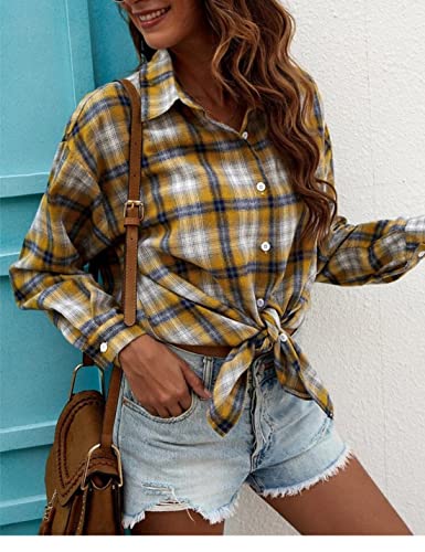 Image of HangNiFang Womens Flannel Plaid Shirts Oversized Button Shirts Blouse Tops