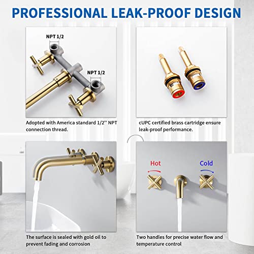 Wall Mount Bathroom Faucet Brushed Gold, Wall Mount Faucet With 2 Cross Handles For Bathroom, 3 Holes Wall Mounted Bathroom Sink Faucet Or Bathtub Faucet With Rough In Valve #TOP2