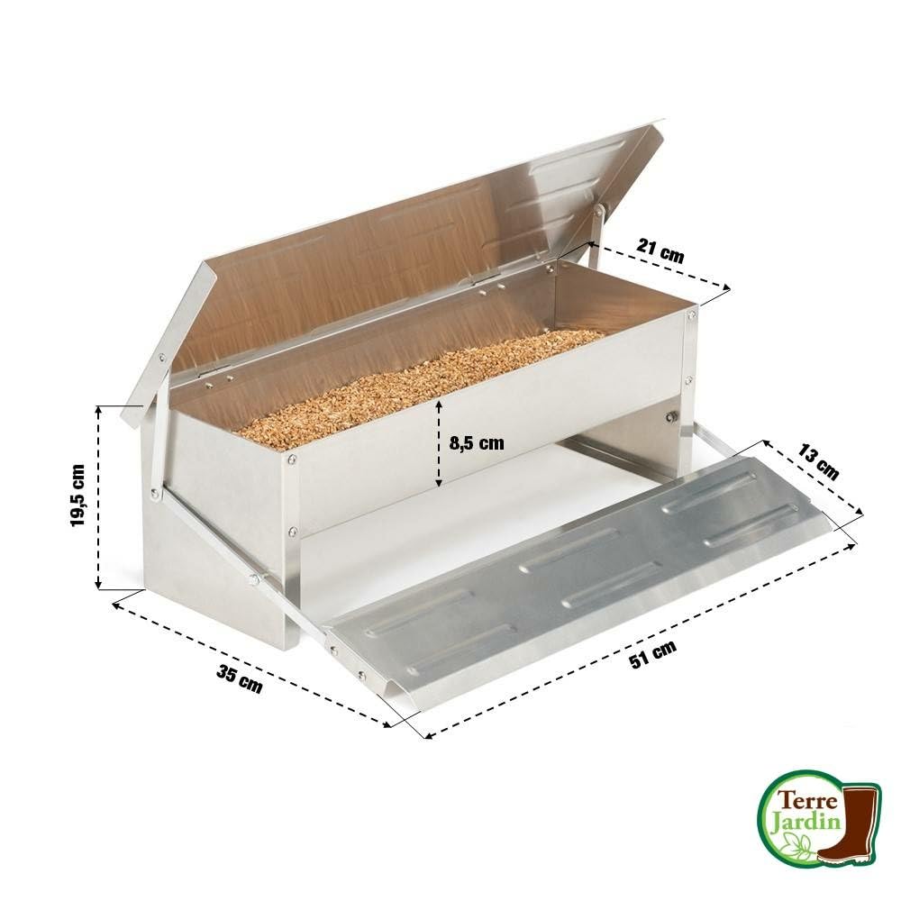 TERRE JARDIN - Mangeoire Poules, 5 kg, XL - Mangeoire Poules Anti Nuisible, Acier Galvanisé - Automatique, Anti Gaspillage, Étanche, Refermable à Pédale, Anti Rangeurs, Oiseaux