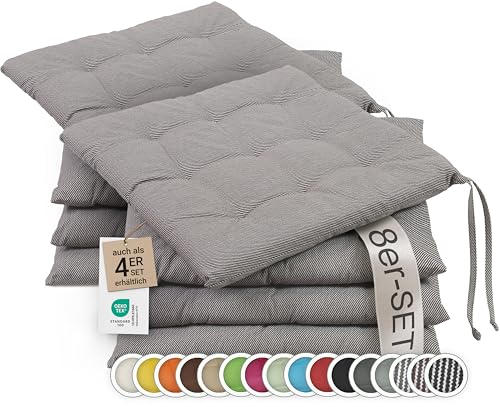 ZOLLNER 8er Set Sitzkissen in 40x40cm - gemütliche Stuhlkissen mit Bindebänder - waschbar bis 30°C - in braun-weiß-gestreift - Oeko Tex® Zertifiziert
