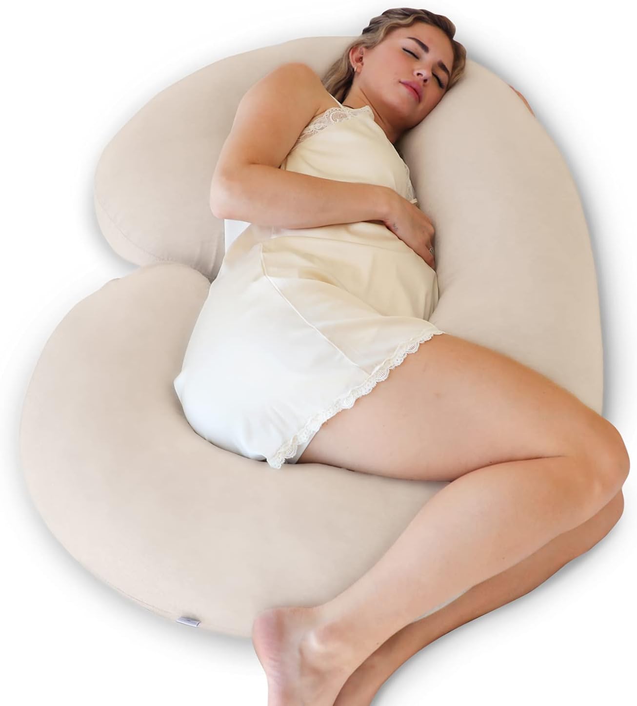 Pregnancy Pillows, C-Shape Full Body Pillow – Jersey Cover Beige – Pregnancy Pillows for Sleeping – Body Pillows for Adults, Maternity Pillow and Pregnancy Must Haves, New Mom Gifts