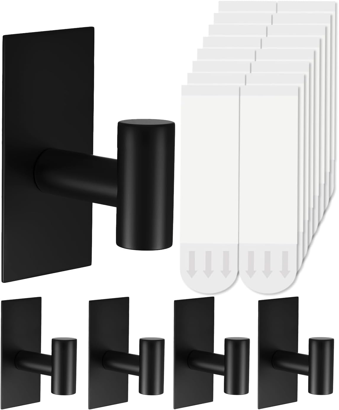5 Pcs Towel Hooks Heavy Duty for Hanging，Adhesive Wall Hooks with Removable Strips，Sticky No Damage，Outdoor for Bathrooms，Shower，Stockings，Decor，Robe，X-Large，Black 304 Stainless Steel